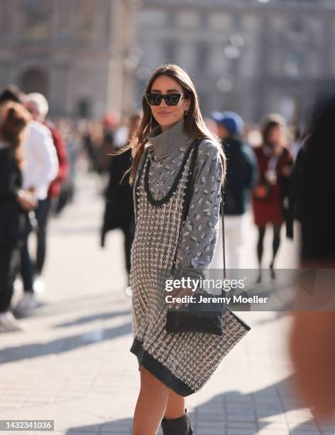 Tamara Kalinic seen wearing a total Louis Vuitton look, outside Louis Vuitton during Paris Fashion Week on October 04, 2022 in Paris, France.