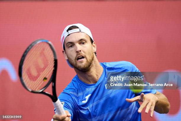 Joao Sousa of Portugal plays a forehand in his first round singles match against Dominic Thiem of Austria during day one of the Gijon Open ATP 250 at...