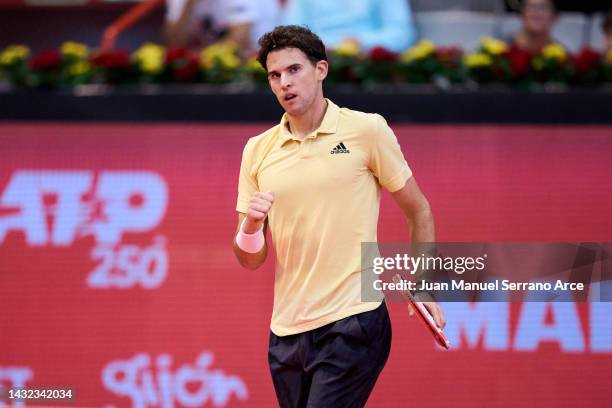 Dominic Thiem of Austria celebrates after winning a point in his first round singles match against Joao Sousa of Portugal during day one of the Gijon...