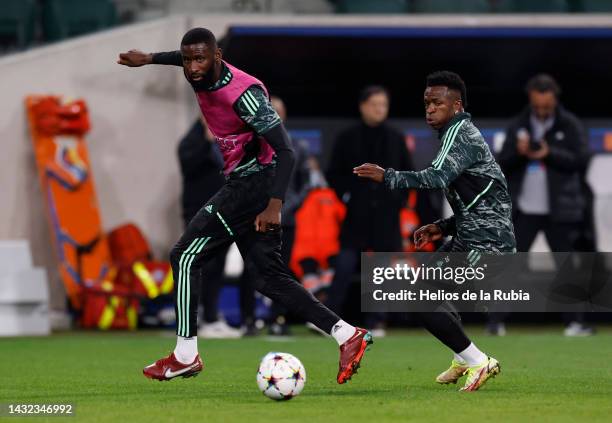 Antonio Rüdiger and Vinicius Junior players of Real Madrid are training ahead of their UEFA Champions League group F match against Shakhtar Donetsk...