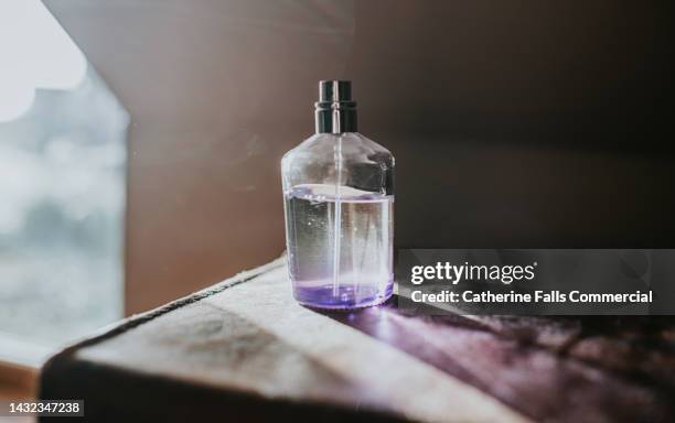 a bottle of perfume sits in a sunny room - spray bottle stock pictures, royalty-free photos & images