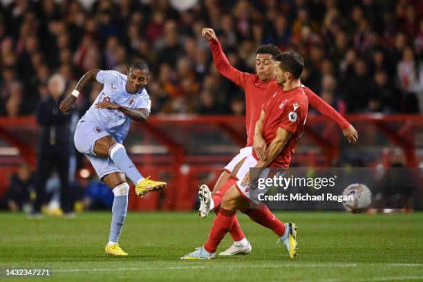 Ashley Young of Aston Villa scores their side's first goal during the Premier League match between Nottingham Forest and Aston Villa at City Ground...