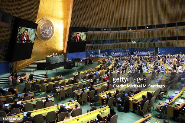 Permanent Representative of Ukraine to the United Nations Sergiy Kyslytsya speaks during a United Nations General Assembly special session at the...