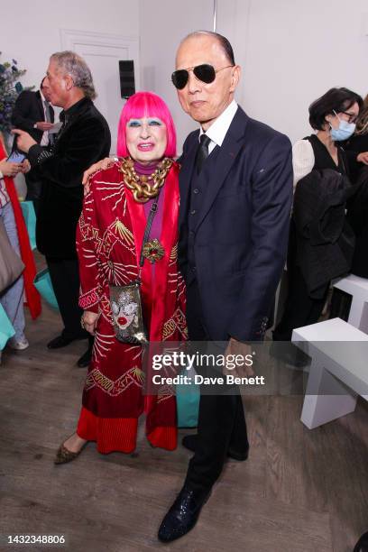 Dame Zandra Rhodes and Jimmy Choo attend the JCA x Patrick McDowell x MA show and party on October 10, 2022 in London, England.