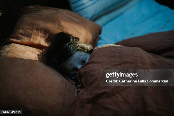 a little girl lies in bed, wrapped in a cozy duvet, peering out from under the sheets - scary stock pictures, royalty-free photos & images