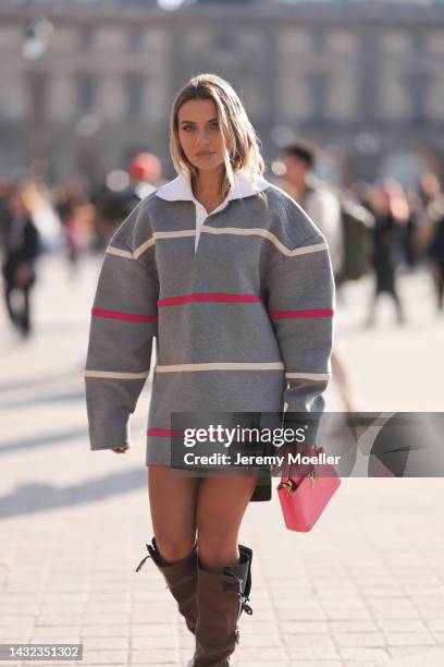 Veronica Ferraro seen wearing a total Louis Vuitton look, outside Louis Vuitton during Paris Fashion Week on October 04, 2022 in Paris, France.