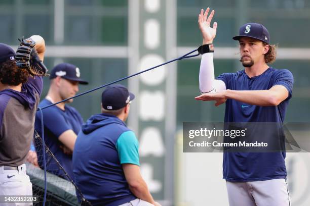 Logan Gilbert of the Seattle Mariners participates in a divisional series workout at Minute Maid Park on October 10, 2022 in Houston, Texas.