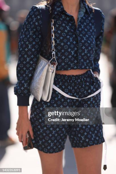 Alizee Gamberini seen wearing a matching Louis Vuitton look with archlight sneaker by Louis Vuitton and a silver coussin bb bag by Louis Vuitton,...