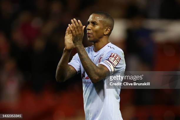 Ashley Young of Aston Villa applauds the fans after the Premier League match between Nottingham Forest and Aston Villa at City Ground on October 10,...