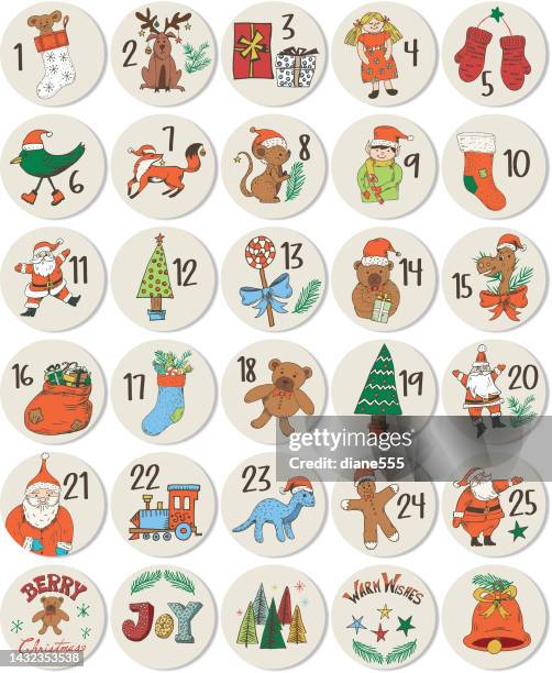 christmas advent calendar stickers on a transparent background - advent calendar stock illustrations
