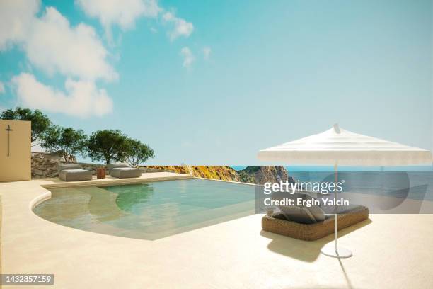 modernes strandhaus mit pool mit meerblick - infinity pool stock-fotos und bilder