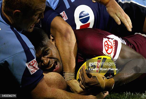 Edrick Lee of Queensland celebrates after scoring a try during the Toyota U20 State of Origin match between New South Wales and Queensland at...