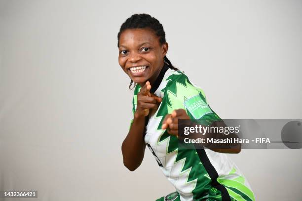 Miracle Ofem Usani of U-17 Nigeria poses during the FIFA U-17 Women's World Cup 2022 Portrait Session on October 09, 2022 in Goa, India.