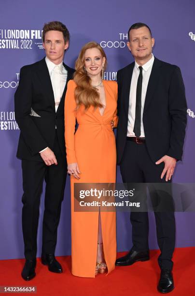 Eddie Redmayne, Jessica Chastain and Tobias Lindholm attend "The Good Nurse" UK Premiere during the 66th BFI London Film Festival at the Southbank...