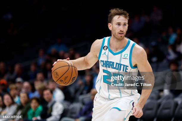 Gordon Hayward of the Charlotte Hornets dribbles during the first quarter of the game against the Washington Wizards at Spectrum Center on October...
