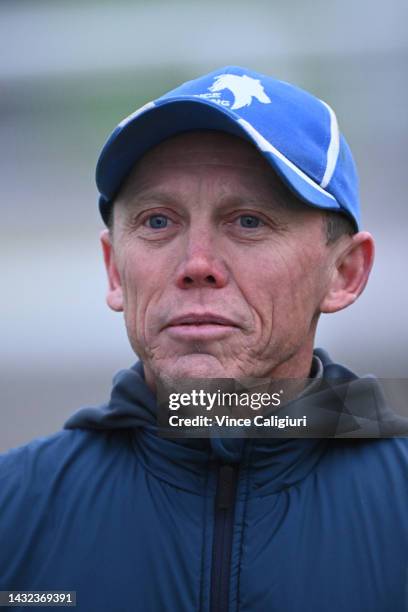 Trainer Chris Munce is seen during a trackwork session ahead of the Caulfield Cup at Caulfield Racecourse on October 11, 2022 in Melbourne, Australia.