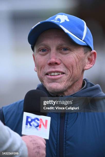 Trainer Chris Munce is seen during a trackwork session ahead of the Caulfield Cup at Caulfield Racecourse on October 11, 2022 in Melbourne, Australia.