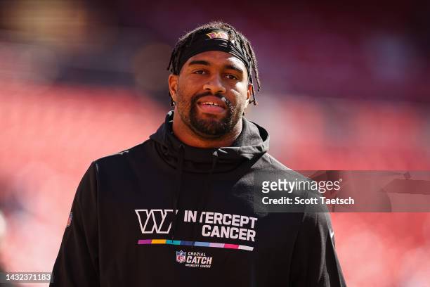 Jonathan Allen of the Washington Commanders reacts before the game against the Tennessee Titans at FedExField on October 9, 2022 in Landover,...