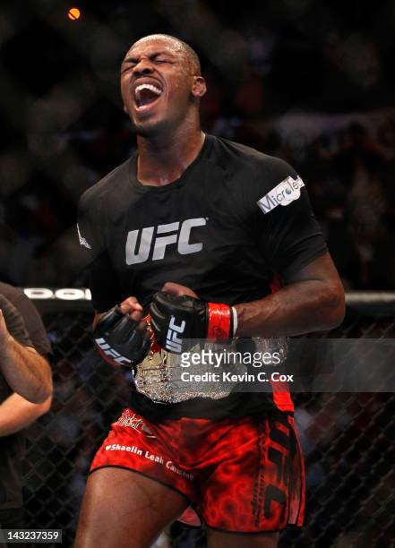 Jon Jones celebrates defeating Rashad Evans by unanimous decision in their light heavyweight title bout for UFC 145 at Philips Arena on April 21,...