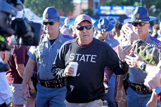 Head coach Mike Leach of the Mississippi State Bulldogs before the game against the Arkansas Razorbacks at Davis Wade Stadium on October 08, 2022 in...