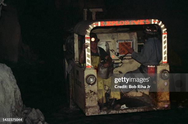 An explosives truck drives on the roadway, 1500-feet underground enroute to a new blasting area within Newmont Gold Company Deep Star Mine, June 5,...
