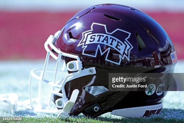 View of a Mississippi State Bulldogs helmet before the game against the Arkansas Razorbacks at Davis Wade Stadium on October 08, 2022 in Starkville,...