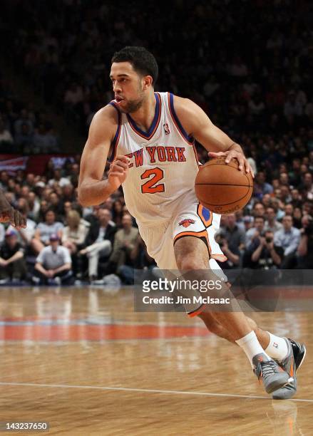 Landry Fields of the New York Knicks in action against the Boston Celtics at Madison Square Garden on April 17, 2012 in New York City. The Knicks...
