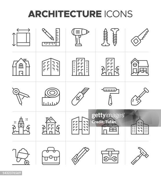 stockillustraties, clipart, cartoons en iconen met architecture icon set. outline style construction related icons. home repair, build project, construction materials vector - architect