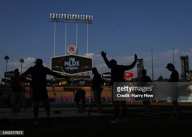 San Diego Padres stretch during a workout before the MLB National League Division Series against the Los Angeles Dodgers at Dodger Stadium on October...
