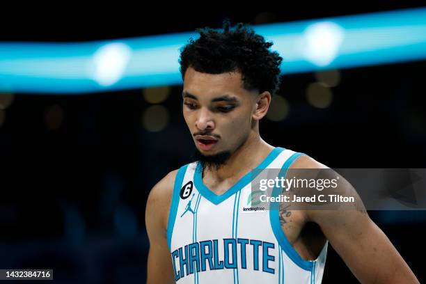 James Bouknight of the Charlotte Hornets reacts following a turnover during the fourth quarter of the game against the Washington Wizards at Spectrum...