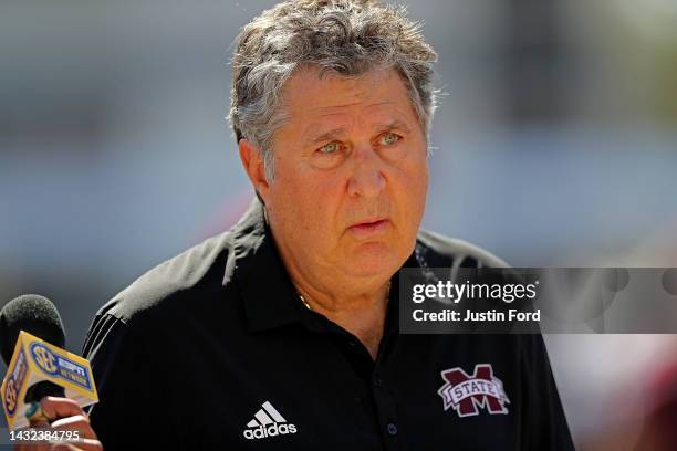 Head coach Mike Leach of the Mississippi State Bulldogs. During the game against the Arkansas Razorbacks at Davis Wade Stadium on October 08, 2022 in...