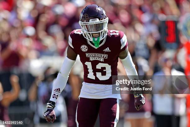 Emmanuel Forbes of the Mississippi State Bulldogs reacts during the game against the Arkansas Razorbacks at Davis Wade Stadium on October 08, 2022 in...