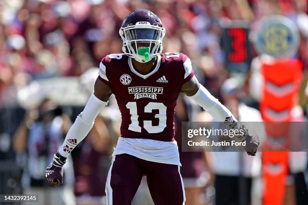 Emmanuel Forbes of the Mississippi State Bulldogs reacts during the game against the Arkansas Razorbacks at Davis Wade Stadium on October 08, 2022 in...