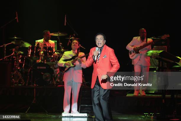 Smokey Robinson and the backup band performs at Caesars Circus Maximus Theater on April 21, 2012 in Atlantic City, New Jersey.