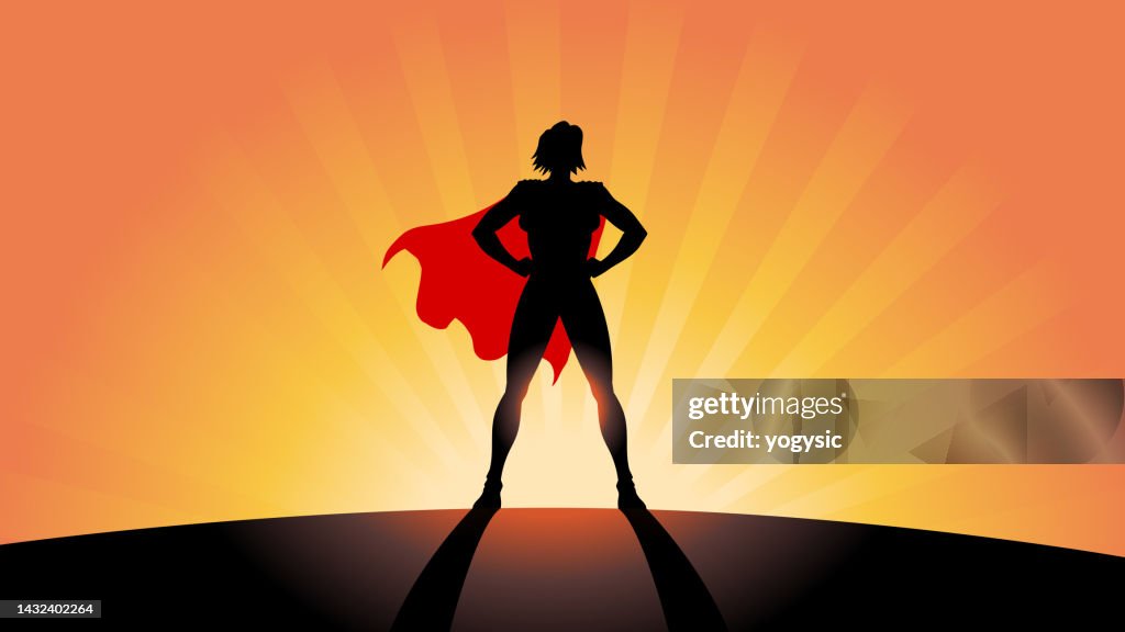 Vektor Weibliche Superhelden-Silhouette mit Sunburst-Effekt Stock Illustration
