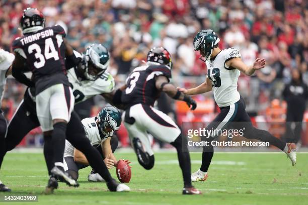 Kicker Cameron Dicker of the Philadelphia Eagles kicks a field goal against the Arizona Cardinals during the NFL game at State Farm Stadium on...