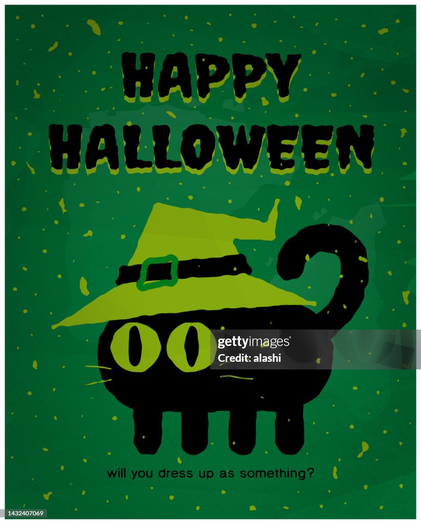 Spooky Black Cat wearing a witch's hat says It’s Halloween Time, Wear your best costume to our monster mash