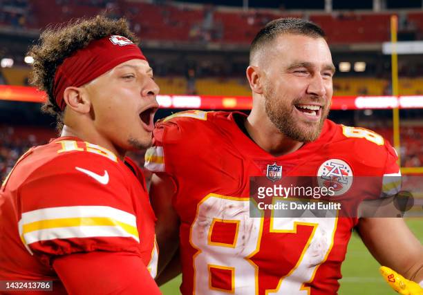 Patrick Mahomes and Travis Kelce of the Kansas City Chiefs celebrate after the Chiefs defeated the Las Vegas Raiders 30-29 to win the game at...