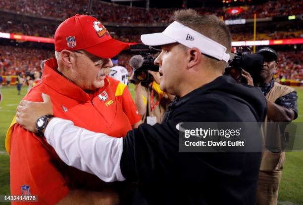 Head Coach Andy Reid of the Kansas City Chiefs shakes hands with Head Coach Josh McDaniels of the Las Vegas Raiders after the Chiefs defeated the...