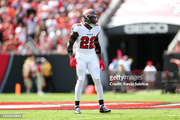 Keanu Neal of the Tampa Bay Buccaneers lines up before a play during an NFL football game against the Atlanta Falcons at Raymond James Stadium on...