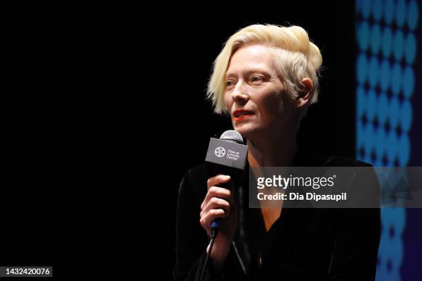 Tilda Swinton speaks onstage during "The Eternal Daughter" Q&A during the 60th New York Film Festival at Alice Tully Hall, Lincoln Center on October...