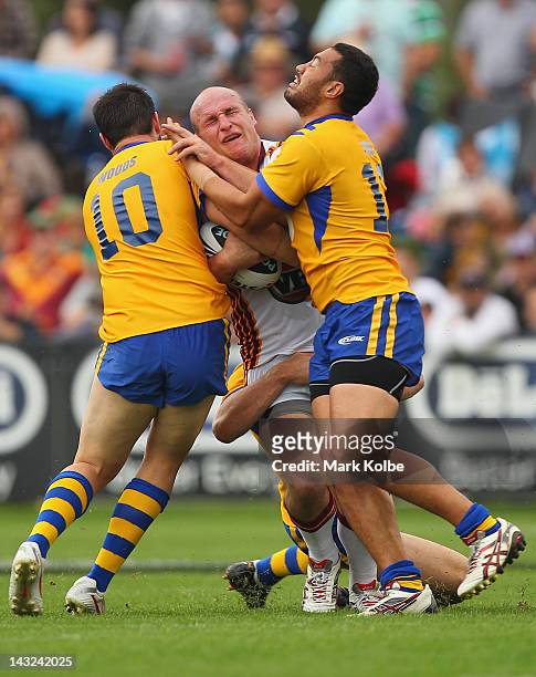 Michael Weyman of Country is tackled during the ARL Origin match between Country and City at Glen Willow Sporting Complex on April 22, 2012 in...