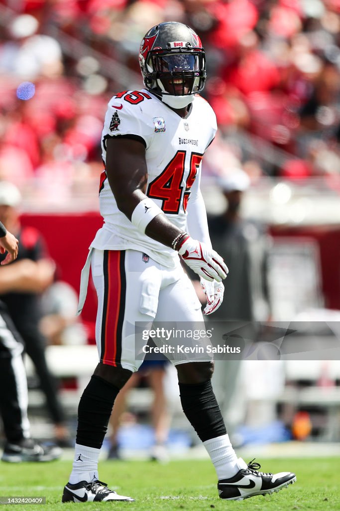 Devin White of the Tampa Bay Buccaneers smiles after a play during