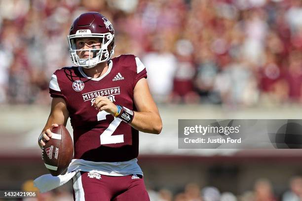 Will Rogers of the Mississippi State Bulldogs looks to pass during the game against the Arkansas Razorbacks at Davis Wade Stadium on October 08, 2022...