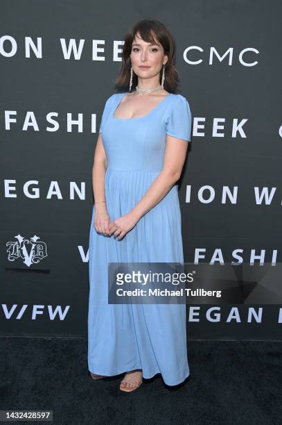 Milana Vayntrub attends the Vegan Fashion Week opening night fashion show and cocktail party at California Market Center on October 10, 2022 in Los...