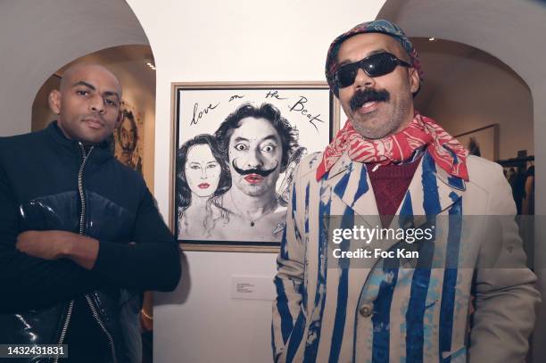 Designers Selim Gouaned and Karim Bonnet from Impasse de La Defense attend Gainsb’Art Press Preview at YoxeOne Art Gallery on October 10, 2022 in...