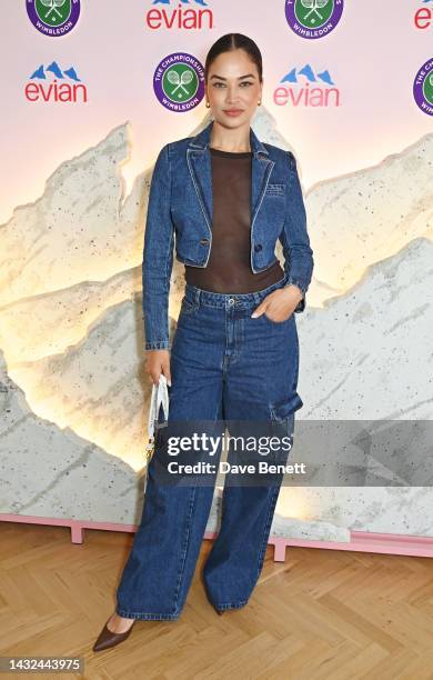 Shanina Shaik poses in the evian VIP Suite on day one of Wimbledon 2023 on July 3, 2023 in London, England.