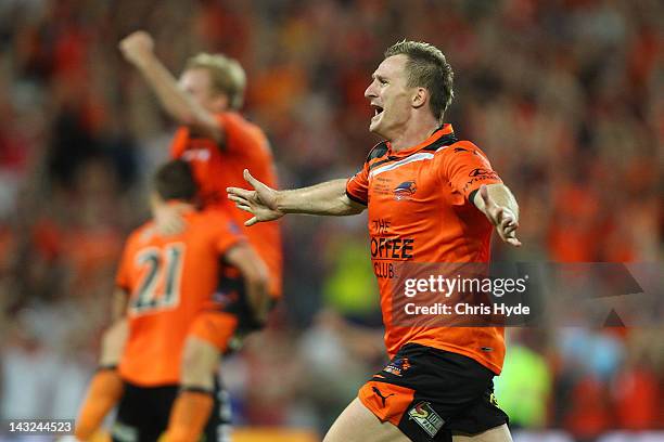 Besart Berisha of the Roar celebrates after winning the 2012 A-League Grand Final match between the Brisbane Roar and the Perth Glory at Suncorp...