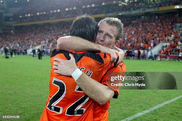 Besart Berisha and Thomas Broich of the Roar celebrate after winning the 2012 A-League Grand Final match between the Brisbane Roar and the Perth...
