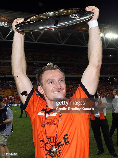 Besart Berisha of the Roar celebrates victory after the 2012 A-League Grand Final match between the Brisbane Roar and the Perth Glory at Suncorp...